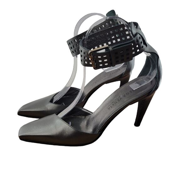 Bottega Veneta Heels Wide Cutout Ankle Cuff Metallic Pewter Silver Leather 6.5 - Picture 6 of 13